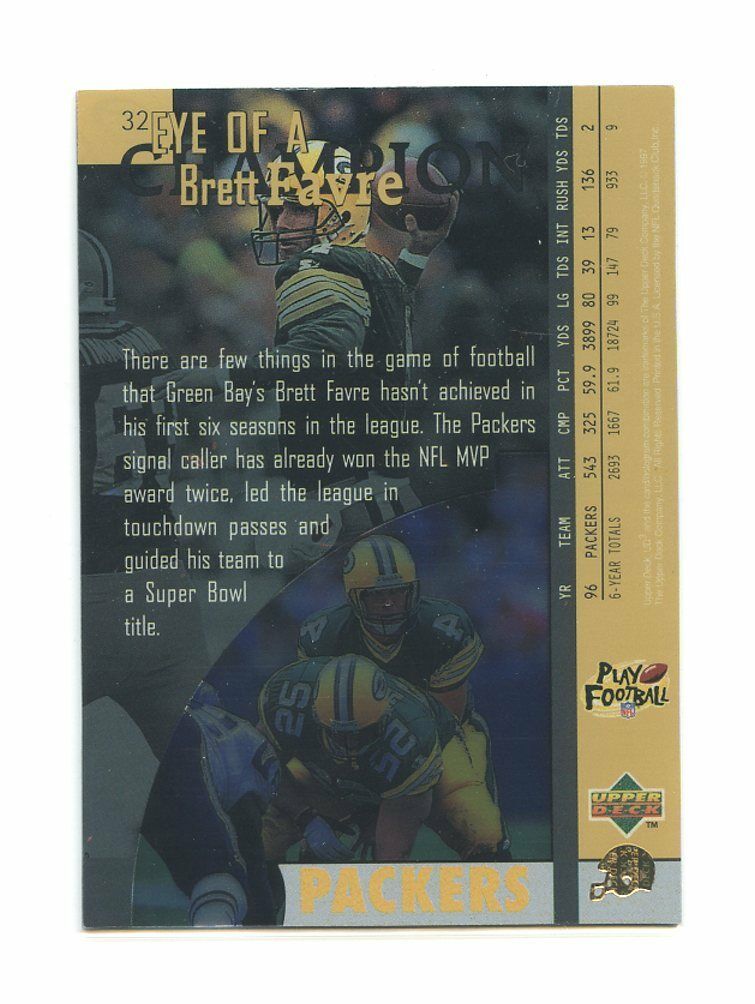 1998 UD3 #32 Brett Favre Green Bay Packers Eye of a Champion Card Image 2