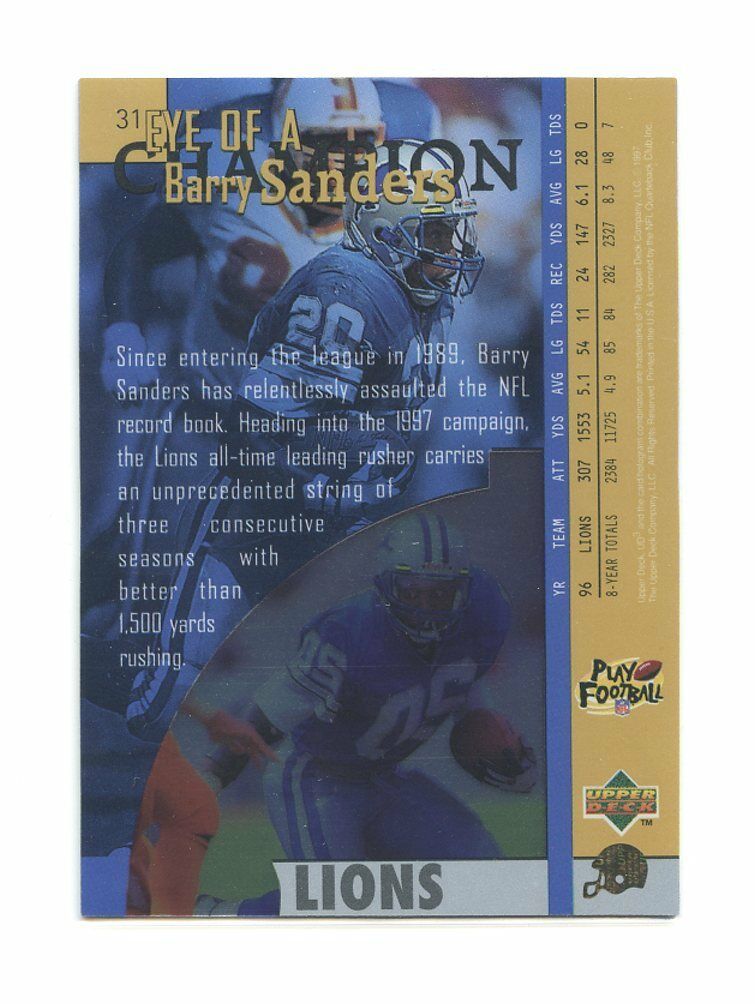 1998 UD3 #31 Barry Sanders Detroit Lions Eye of a Champion Card Image 2