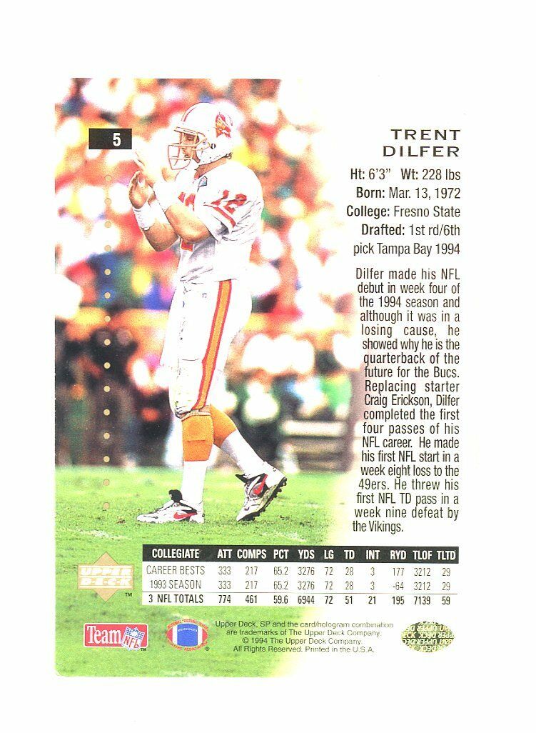 1994 SP Foil #5 Trent Dilfer Buccaneers Rookie Card Image 2