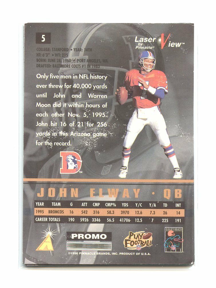 1996 Pinnacle Laser View Promos #5 John Elway Denver Broncos Promo Card Image 2