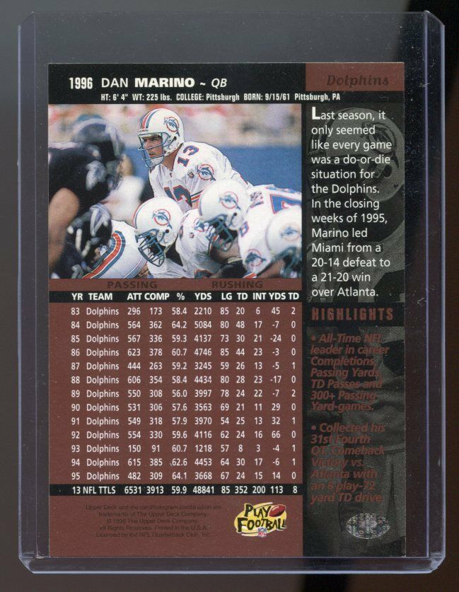 1996 Upper Deck #1996 Dan Marino Miami Dolphins Promotional Card Image 2