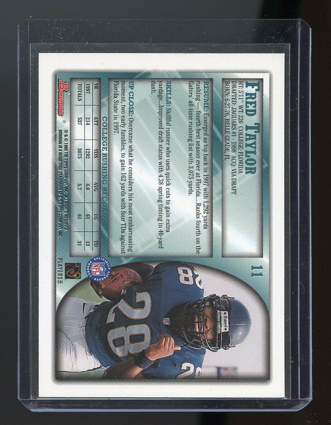 1998 Bowman #11 Fred Taylor Jacksonville Jaguars Rookie Card Image 2