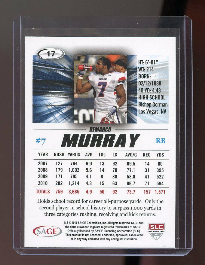 2011 Sage Hit #17 Demarco Murray Rookie Card Image 2