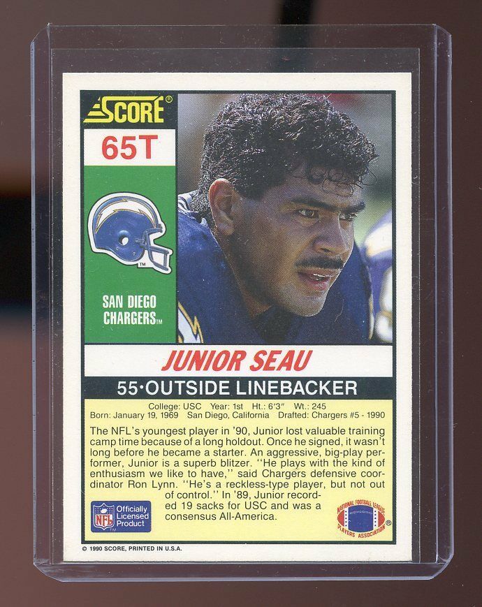 1990 Score Supplemental #65T Junior Seau San Diego Chargers Rookie Card Image 2