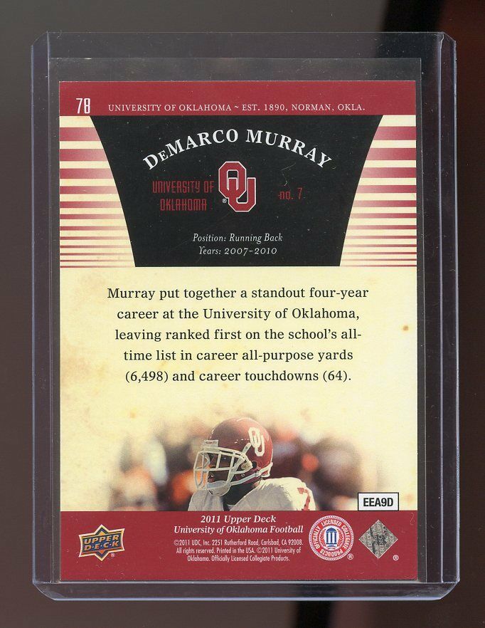 2011 Upper Deck Oklahoma #78 Demarco Murray Rookie Card Image 2