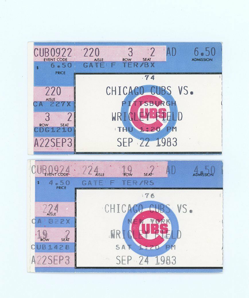 (2) 9/2/1983 Chicago Cubs vs Pittsburgh Pirate Sandberg Early Year Ticket Stubs Image 1