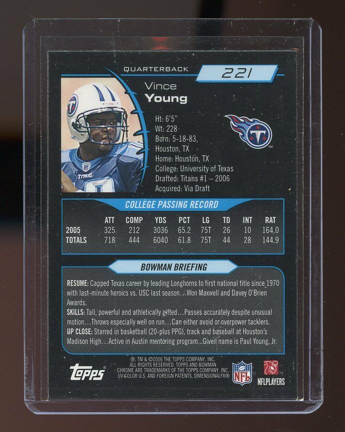 2006 Bowman Chrome #221 Vince Young Tennessee Titans Rookie Card Image 2