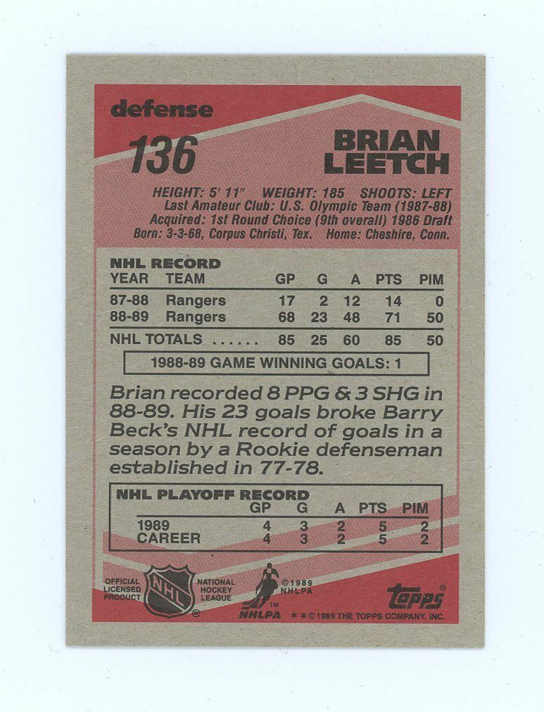 1989-90 Topps #136 Brian Leetch New York Rangers Rookie Card Image 2