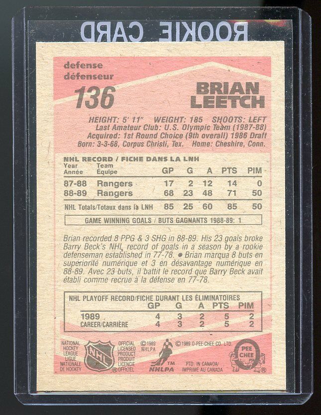 1989-90 O-Pee-Chee #136 Brian Leetch New York Rangers Rookie Card Image 2