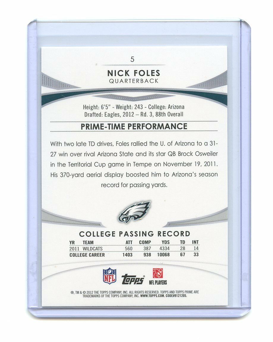 2012 topps prime retail #5 Nick Foles Philadelphia Eagles Rookie Card Image 2
