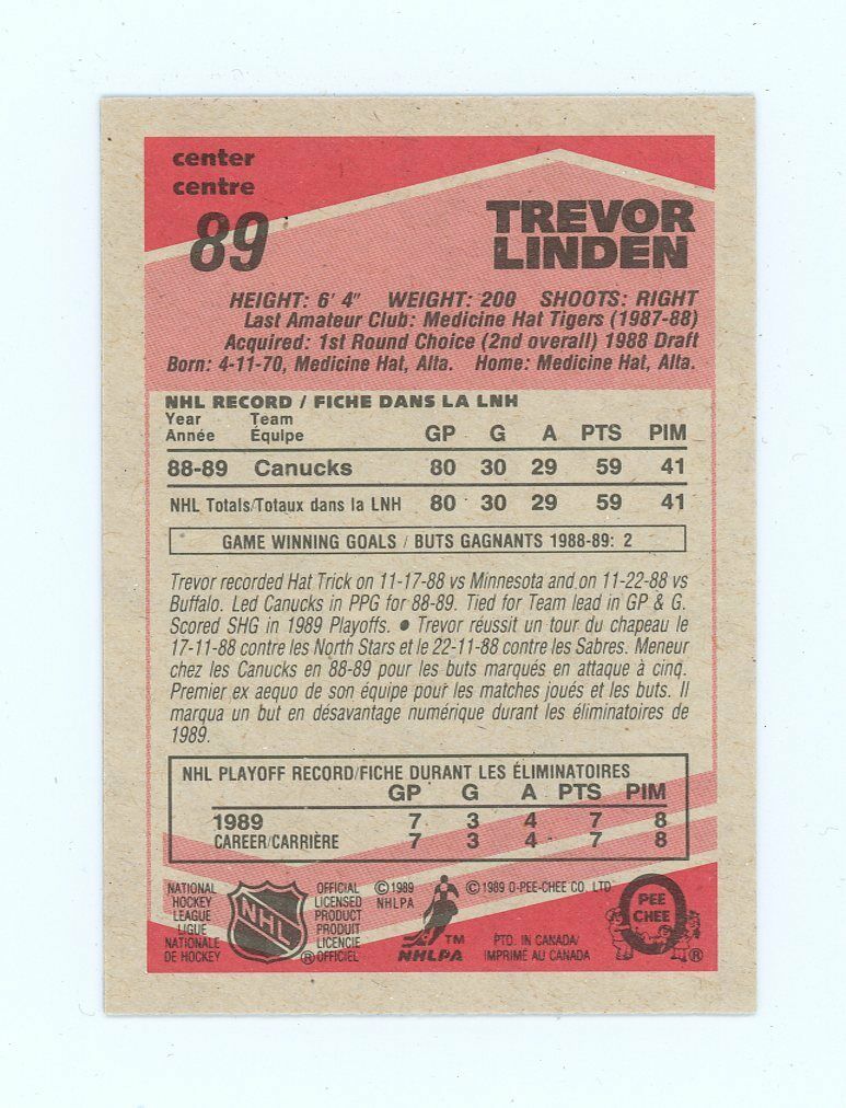 1989-90 O-Pee-Chee #89 Trevor Linden Vancouver Canucks Rookie Card Image 2
