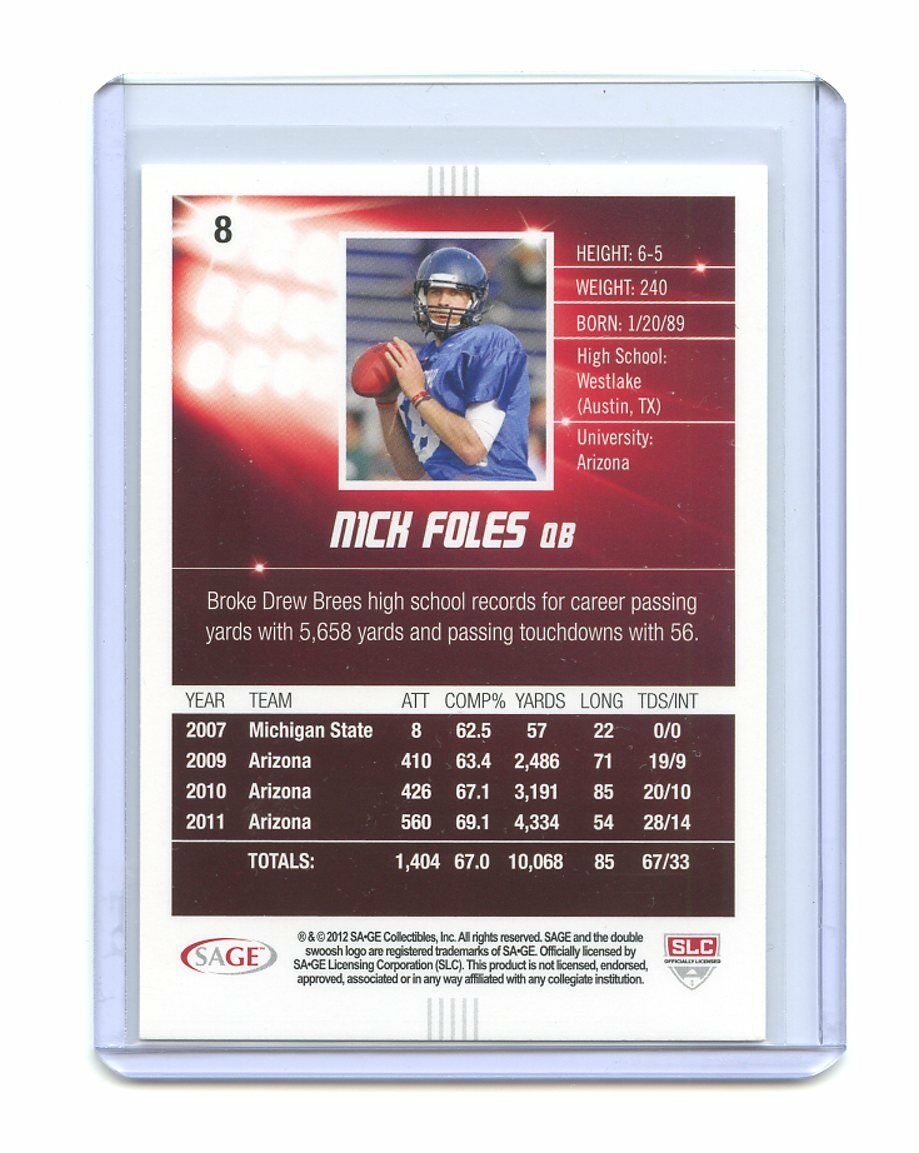 2012 Sage Hit #8 Nick Foles Philadelphia Eagles Rookie Card Image 2