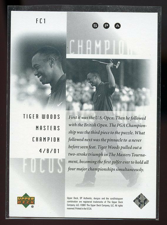 2001 Upper Deck SPA Focus on a Champion #FC1 Tiger Woods Master Tournament Image 2