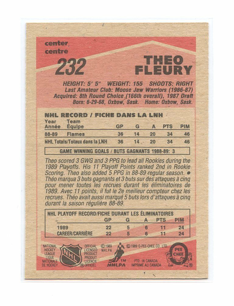 1989-90 O-Pee-Chee #232 Theoren Fleury Calgary Flames Rookie Card Image 2