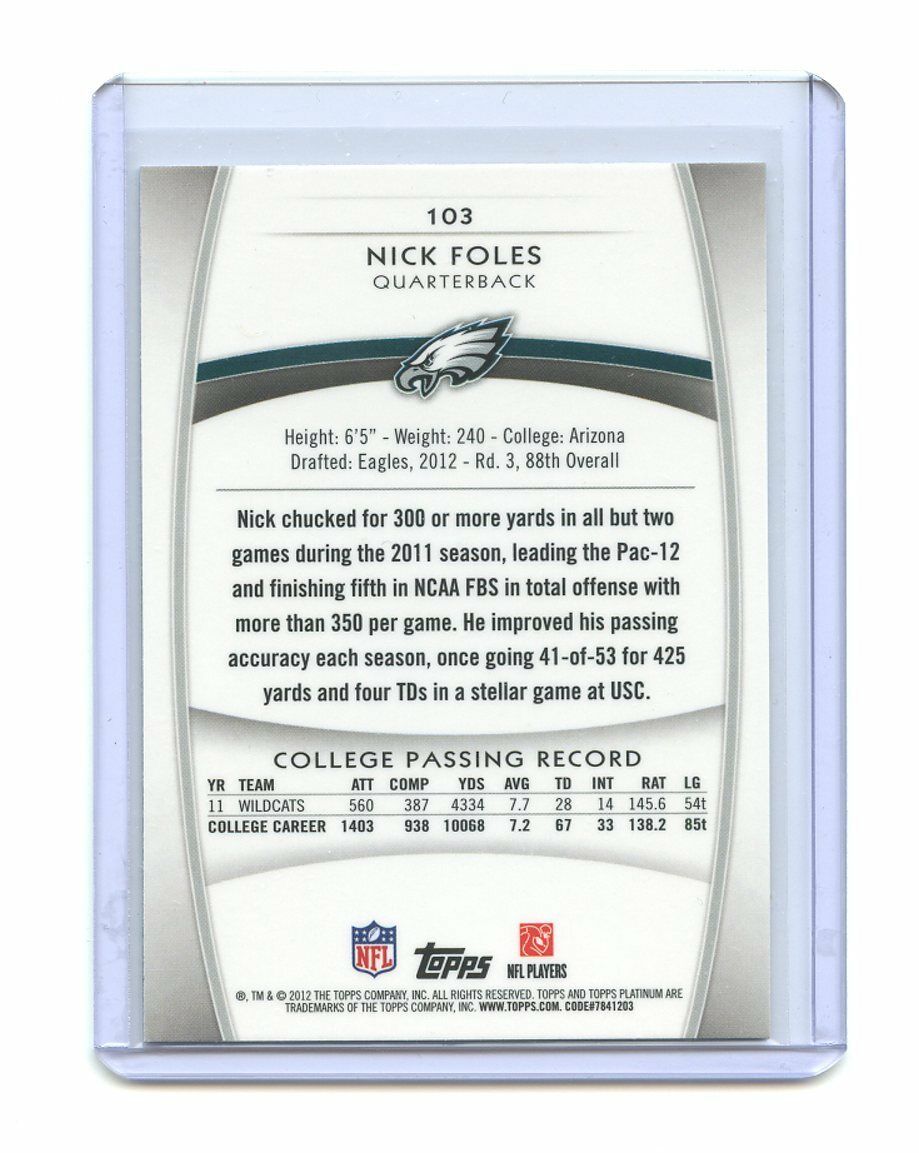 2012 Topps Platinum #103 Nick Foles Philadelphia Eagles Rookie Card Image 2