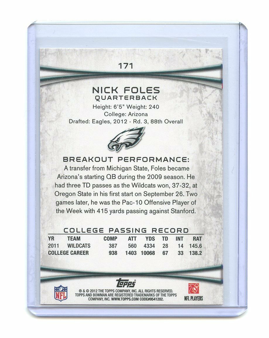 2012 Bowman #171 Nick Foles Philadelphia Eagles Rookie Card Image 2