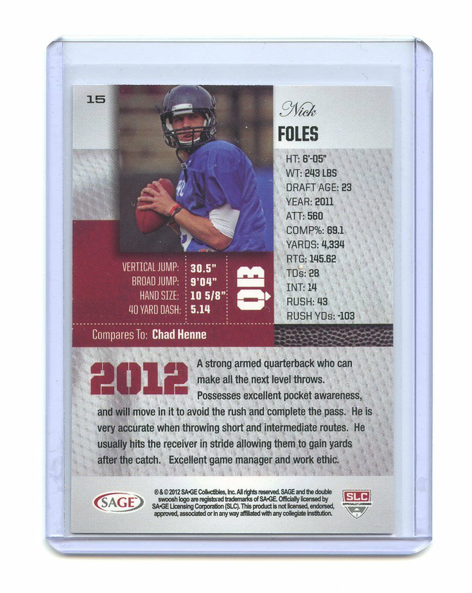 2012 Sage #15 Nick Foles Philadelphia Eagles Rookie Card Image 2