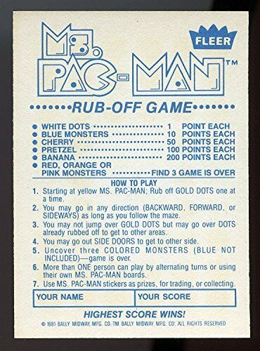 1981 Fleer Midway MS PAC-MAN Arcade Rub Off Game Card RARE ACT III Image 2
