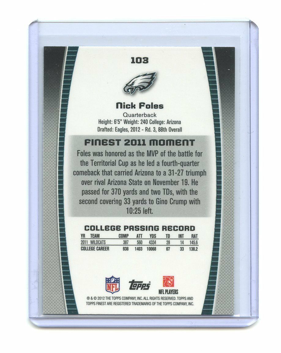 2012 Finest #103 Nick Foles Philadelphia Eagles Rookie Card Image 2