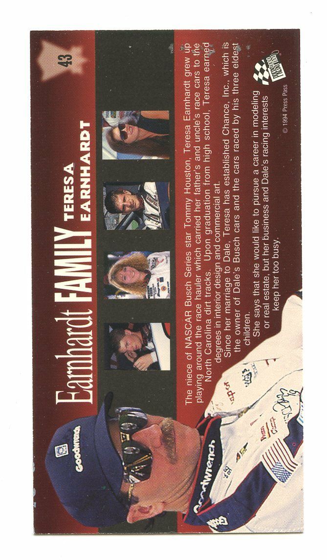 1994 Press Pass Optima XL #43 Teresa Earnhardt Family Racing Card Image 2