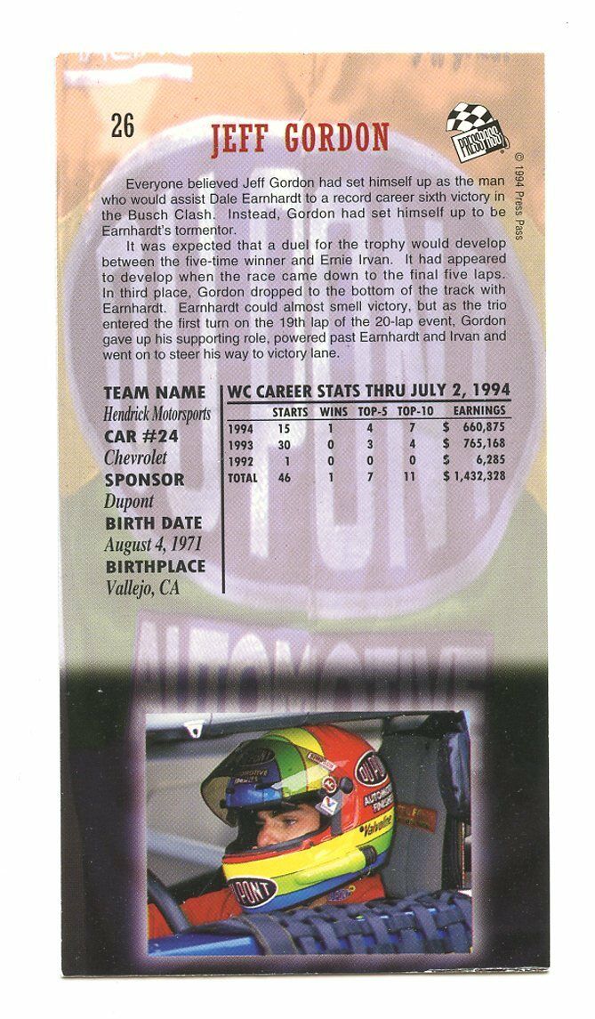 1994 Press Pass Optima XL #26 Jeff Gordon Spotlight Racing Card Image 2