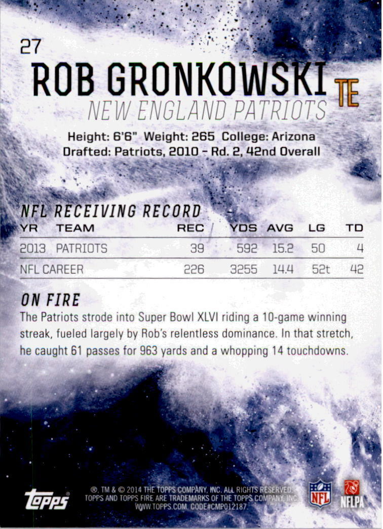 2014 Topps Fire #27 Rob Gronkowski New England Patriots Image 2