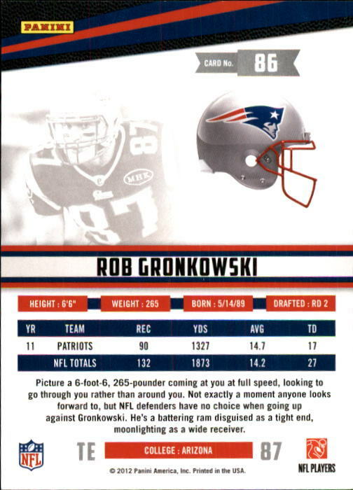 2012 Rookies and Stars #86 Rob Gronkowski New England Patriots Image 2