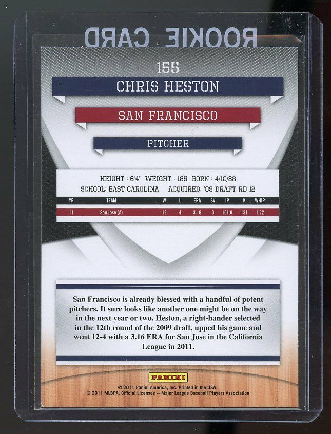 2011 Donruss Elite Extra Edition #155 Chris Heston SF Giants Rookie Card Image 2