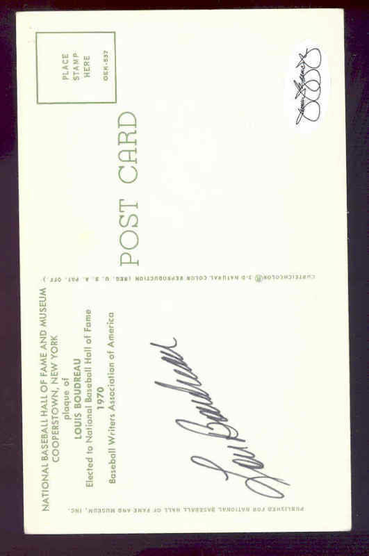 Lou Boudreau autograph signature HOF Post Card JSA authentic Image 1