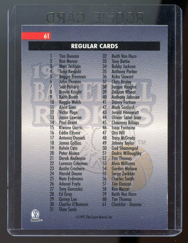 1997 Score Board Rookies #61 Tim Duncan CL Rookie Card Image 2