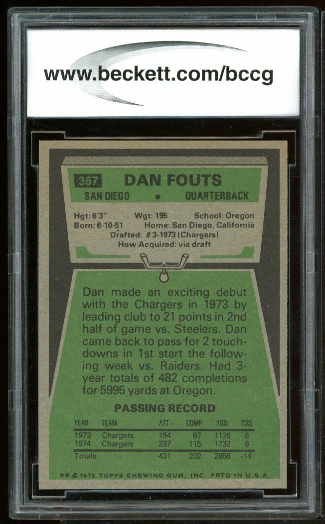 1975 Topps #367 Dan Fouts Rookie Card BGS BCCG 9 Near Mint+ Image 2