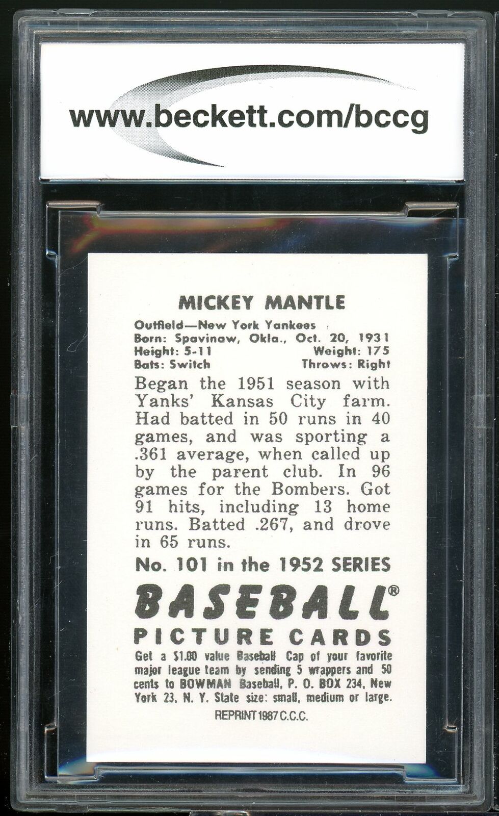 1989 Bowman Reprint Inserts #6 Mickey Mantle '53 Card BGS BCCG 10 Mint+ Image 2