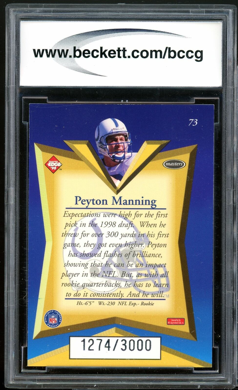 1998 Collector's Edge Masters 50-Point #73 Peyton Manning Rookie BGS BCCG 9 NM+ Image 2