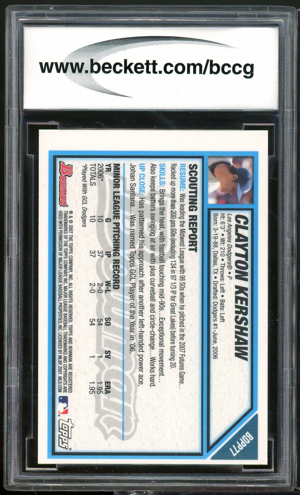 2007 Bowman Draft Futures Gold #77 Clayton Kershaw Rookie BGS BCCG 9 Near Mint+ Image 2