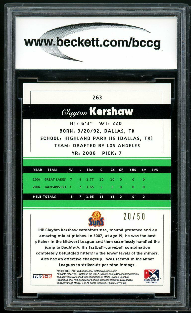 2008 Tristar Projections Reflectives Green #263 Clayton Kershaw rc BGS BCCG 9 NM Image 2