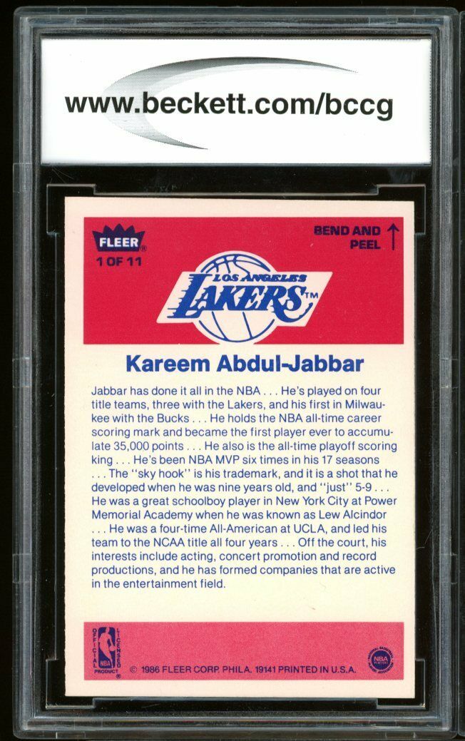1986-87 Fleer Stickers #1 Kareem Abdul Jabbar Card BGS BCCG 10 Mint+ Image 2